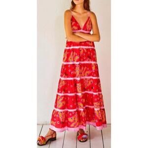 Farm Rio Red Bananas Maxi Tiered Dress M